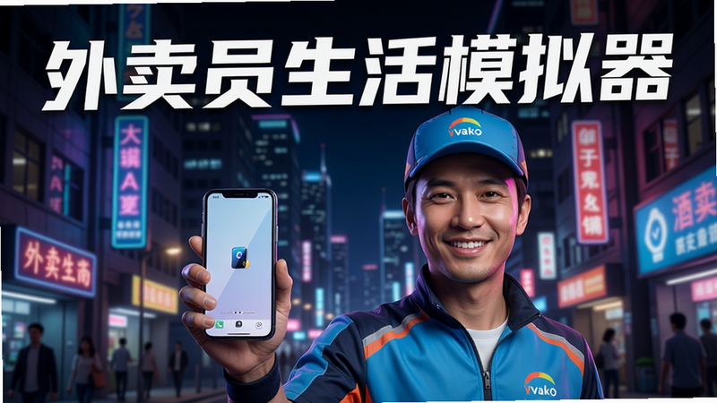 主体为游戏宣传海报,一个外卖员微笑拿着手机,身后是城市夜景,霓虹灯闪烁,画面上方有文字“外卖员生活模拟器”,风格时尚动感,画质高清,干净无多余元素。
