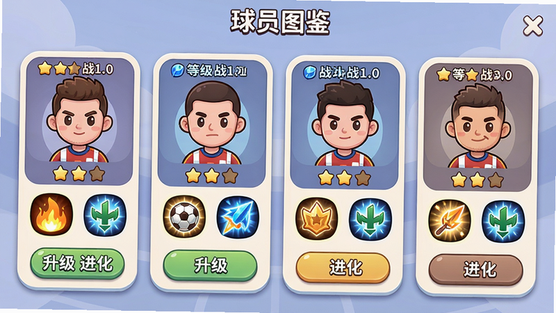 主体:迷你足球明星球员养成界面,展示多个卡通球员头像和技能面板;布局:网格排列,每个球员卡片包含头像、星级、技能图标;排版:卡片下方有“升级”“进化”按钮,顶部标题为“球员图鉴”;风格:卡通UI,圆角边框,柔和光影;细节:球员头顶显示等级和战斗力数值,技能图标发光;画质:清晰,干净,无多余元素