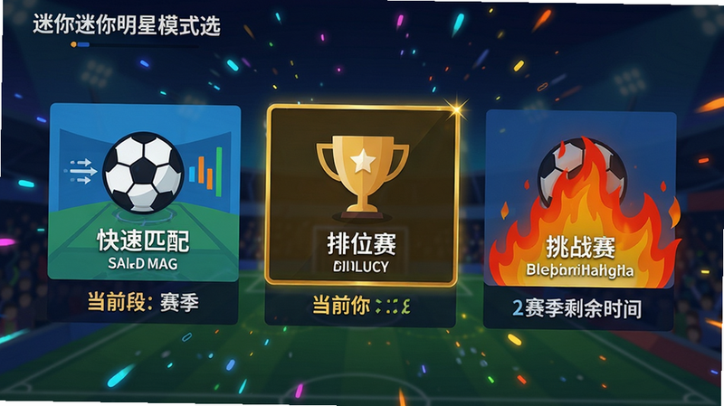 主体:迷你足球明星模式选择界面,显示“快速匹配”“排位赛”“挑战赛”三个入口;布局:横向排列,每个模式配有图标和简短说明;排版:入口下方显示当前段位和赛季剩余时间;风格:扁平化设计,色彩鲜明,背景有动态粒子特效;细节:排位赛入口有金色边框,挑战赛入口带火焰效果;画质:高清,干净,无多余元素