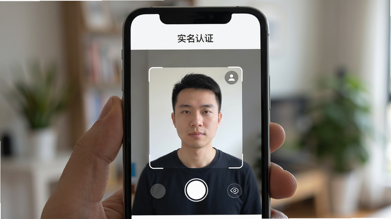 悠对APP实名认证界面,手机屏幕上显示人脸识别拍照框,背景虚化,界面简洁,有“实名认证”字样,画质清晰,风格干净