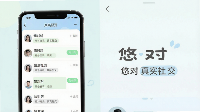 悠对交友APP主界面预览图,手机屏幕展示聊天列表与个人资料页,布局清晰,风格简约清新,色彩柔和,画质高清,干净无多余元素,文字标注“悠对 真实社交”