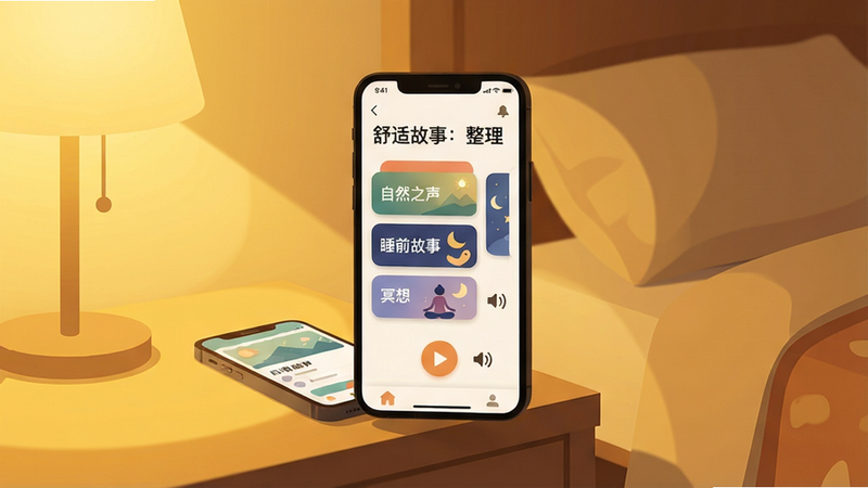 一个温暖舒适的卧室场景,床头柜上放着手机,手机屏幕显示