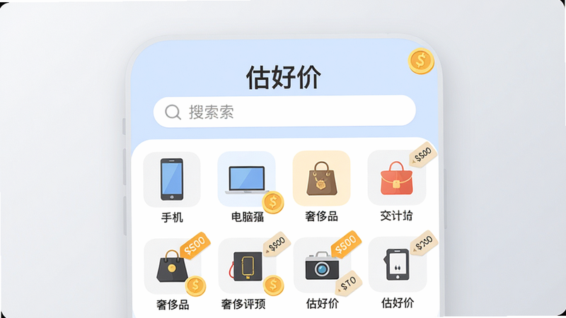 画面中央展示“估好价”App主界面,顶部搜索栏居中,下方为物品分类图标(手机、电脑、奢侈品等),整体风格扁平清新,背景为浅灰色渐变,细节处有价格标签和金币元素,画质高清干净,无多余杂物,文字内容仅显示“估好价”App标题。