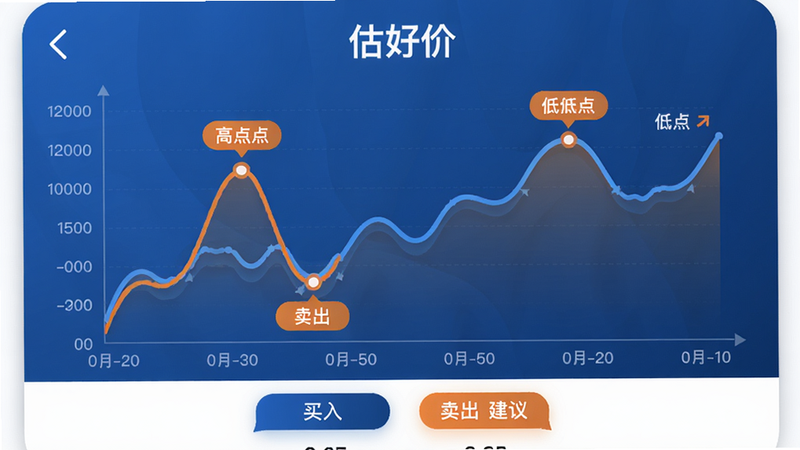 “估好价”App内行情趋势页面,折线图显示价格变化,横轴为日期,纵轴为价格,图中标注高点与低点,图下方有“买入”和“卖出”建议小标签,整体配色商务蓝橙,布局清晰,画质高。