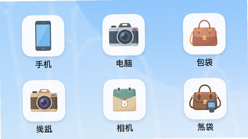 “估好价”App品类选择界面,九宫格排列各类物品图标,每个图标配中文名称(如“手机”“电脑”“相机”“包袋”),图标风格统一为圆角扁平,背景为柔和的渐变蓝,布局整齐,画质清晰。