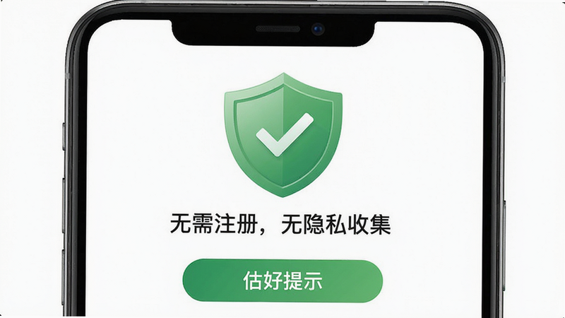 “估好价”App安全提示页面,显示“无需注册,无隐私收集”字样,背景为绿色盾牌图标,整体风格安全可信,布局居中,画质干净。