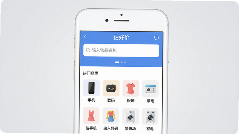 画面主体为白色手机屏幕居中显示“估好价”App首页,顶部搜索栏有“输入物品名称”字样,下方排列着热门品类图标如“手机”“数码”“服饰”“家电”,背景为浅灰色渐变,整体排版简洁干净,风格为扁平化UI设计,细节上突出搜索框和分类图标,画质高清,无多余元素,图片中显示文字“估好价”和“输入物品名称”