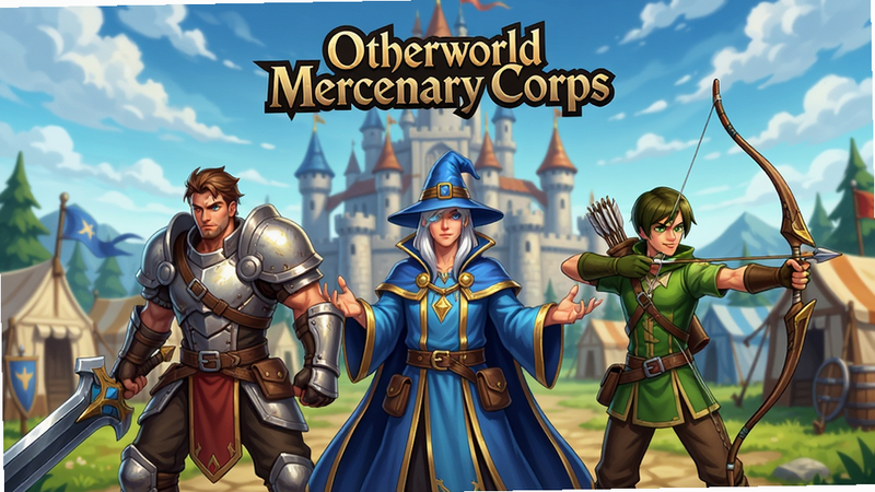 主体:Otherworld Mercenary Corps游戏主界面,展示佣兵团营地与英雄角色立绘。布局:居中构图,前景为三位主力英雄(战士、法师、弓箭手)站立姿态,背景是奇幻风格的城堡与天空。排版:英雄角色错落有致,上方居中显示游戏LOGO“Otherworld Mercenary Corps”。风格:日式幻想风,色彩明亮饱和,细节精致。画质:超清4K,干净无多余元素。