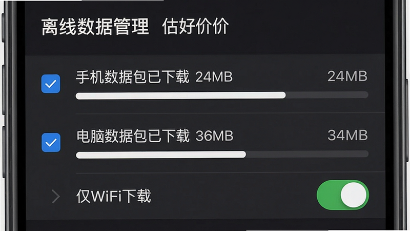 画面展示手机设置页面中“离线数据管理”选项,列表显示“手机数据包已下载 24MB”“电脑数据包已下载 36MB”,下方有“仅WiFi下载”开关处于开启状态。背景为深灰色,排版列表样式,风格系统化,细节包括勾选框和进度条,画质清晰,图片中文字“离线数据管理”“估好价”“手机数据包已下载”