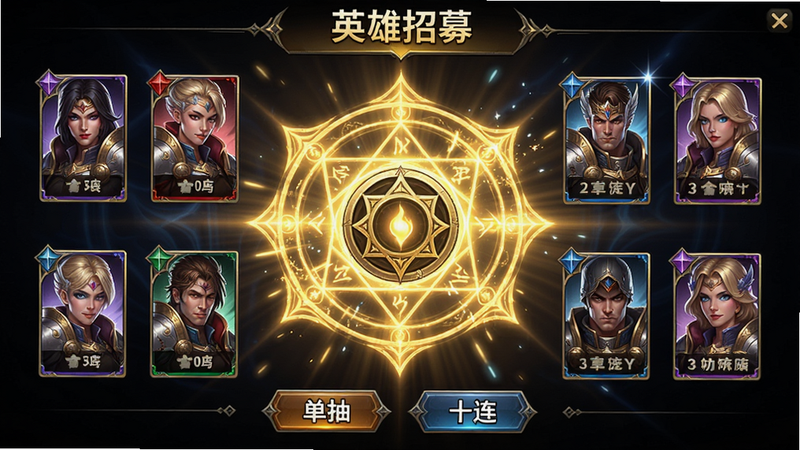 主体:Otherworld Mercenary Corps英雄招募界面,展示抽卡动画与英雄列表。布局:中央为金色召唤阵特效,周围环绕不同稀有度英雄头像卡牌。排版:上方标题“英雄招募”,底部有单抽/十连按钮。风格:华丽召唤系,光影闪烁。画质:HDR超清,无多余UI干扰。