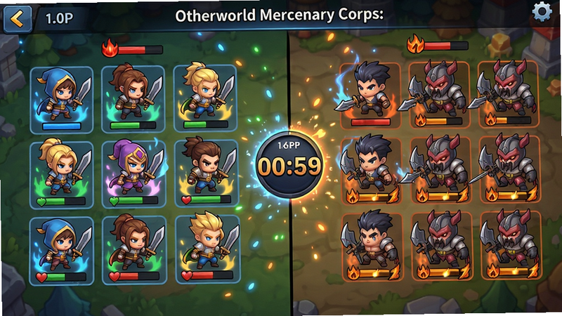 主体:Otherworld Mercenary Corps战斗场景,玩家布阵界面与敌方对峙。布局:左右分屏,左侧玩家九宫格站位,右侧敌方阵容,中间为战斗倒计时。排版:英雄以Q版小人形式站立,血条与怒气槽清晰可见。风格:卡通渲染,特效粒子丰富。画质:1080P细腻,无模糊。