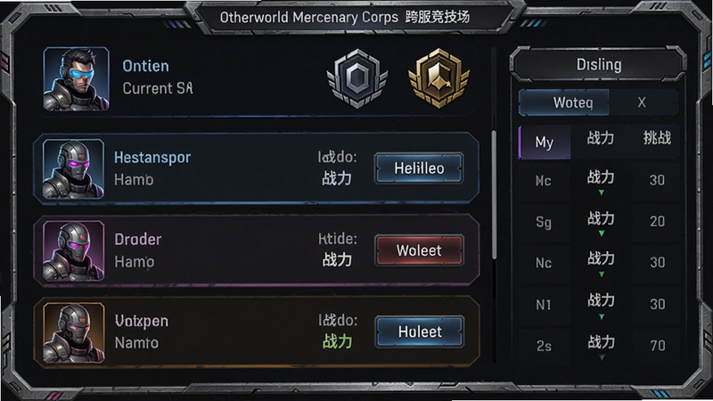 主体:Otherworld Mercenary Corps跨服竞技场界面,展示对战列表与排行榜。布局:列表式UI,上方为玩家当前排名与段位图标,下方是匹配对手信息。排版:每个条目包含对手头像、名称、战力及挑战按钮。风格:赛博朋克风竞技面板,金属质感边框。画质:4K无颗粒感,干净。