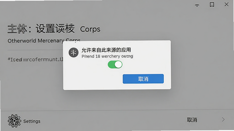 主体:Otherworld Mercenary Corps安装界面截图,显示“允许来自此来源的应用”弹窗。布局:中央为系统授权弹窗,底部有“设置”与“取消”按钮。排版:简洁清晰,突出授权开关位置。风格:写实手机UI截图。画质:干净无阴影。