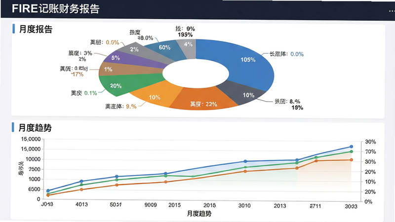 主体:FIRE记账财务报告页面,布局:上方为饼图显示支出分类占比,下方为折线图显示月度趋势。排版:图表并排或上下排列。风格:商务数据图表风格,配色专业。细节:饼图每个扇区标注类别名称和百分比,折线图坐标轴清晰。画质:高分辨率,无多余元素,文字“月度报告”显示。