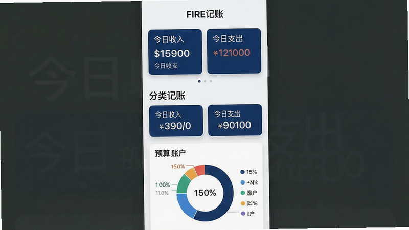 主体:FIRE记账App的主界面截图,布局:上方显示今日收支汇总卡片,中间为分类记账按钮,底部有预算环图和账户列表。排版:卡片式设计,上下分层清晰。风格:现代扁平化,主色调为深蓝与白色,图标线条简洁。细节:卡片上标有“今日收入”“今日支出”数字,环图百分比显示。画质:高清渲染,干净无多余元素,文字标注“FIRE记账”品牌名。
