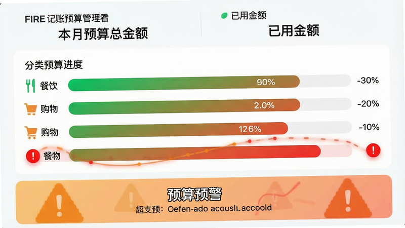 主体:FIRE记账预算管理页面,布局:顶部显示本月预算总金额和已用金额,中间为分类预算进度条(餐饮、购物等),底部为超支提醒卡片。排版:横向进度条并列排列。风格:数据可视化,色彩渐变(绿到红)。细节:进度条上标注具体百分比,超支分类显示红色感叹号。画质:干净,无多余装饰,文字“预算预警”突出。