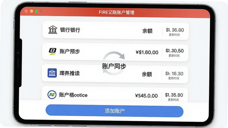 主体:FIRE记账账户管理界面,布局:列表展示多个账户名称、余额和更新时间,底部有“添加账户”按钮。排版:从上到下依次排列。风格:简约列表样式,账户卡片带圆角。细节:每个账户旁有对应银行或支付平台的小图标。画质:锐利,无噪点,文字“账户同步”居中。