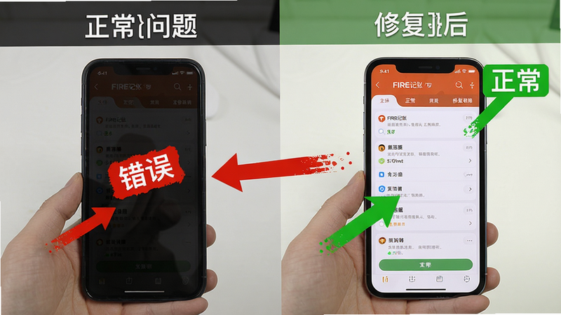 主体:FIRE记账在不同手机设备上运行截图对比(正常与修复后),布局:左边显示卡顿黑屏问题,右边显示修复后流畅界面。排版:左右对比。风格:教程风格,带箭头标注。细节:左图有红色“错误”标记,右图有绿色“正常”。画质:清晰,无杂质,文字“闪退解决指南”。