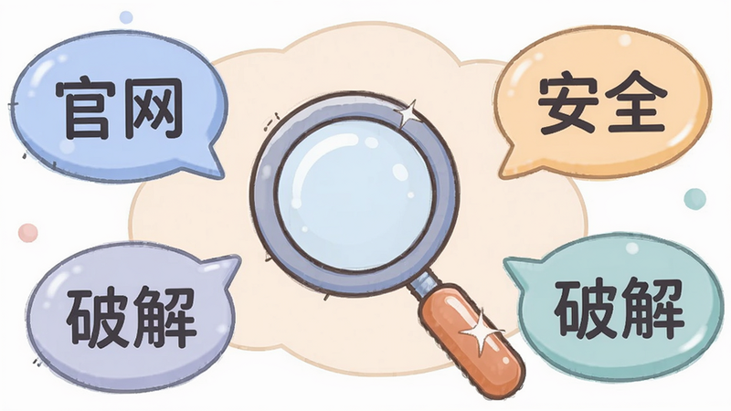 主体:FIRE记账问答场景示意图,布局:中间一个放大镜图标,周围有“官网”“安全”“破解”等关键词气泡。排版:中心对称,气泡环绕。风格:插画风,配色柔和。细节:每个气泡内文字清晰,放大镜手柄带高光。画质:干净,无多余元素。