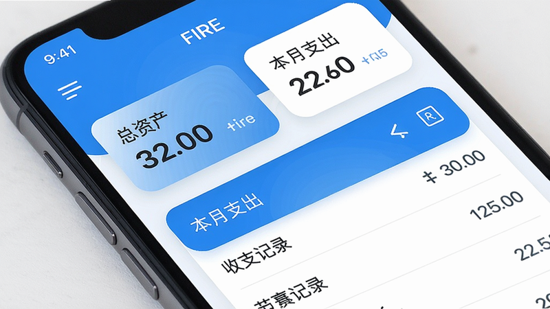 展示FIRE记账应用主界面,手机屏幕上显示收支记录列表,顶部有