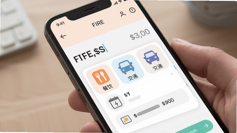 展示FIRE记账的智能分类功能,手机屏幕上有添加支出界面,输入金额后自动弹出分类选项,有餐饮、交通等图标,风格简洁,配色柔和,细节清晰,画质干净