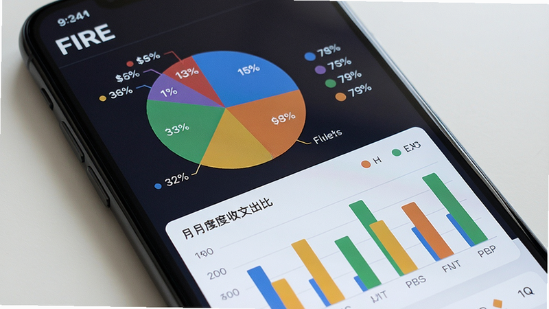 展示FIRE记账的图表报表界面,手机屏幕上显示饼图统计各类支出占比,下方有柱状图对比月度收支,色彩丰富,风格现代,细节清晰,画质干净