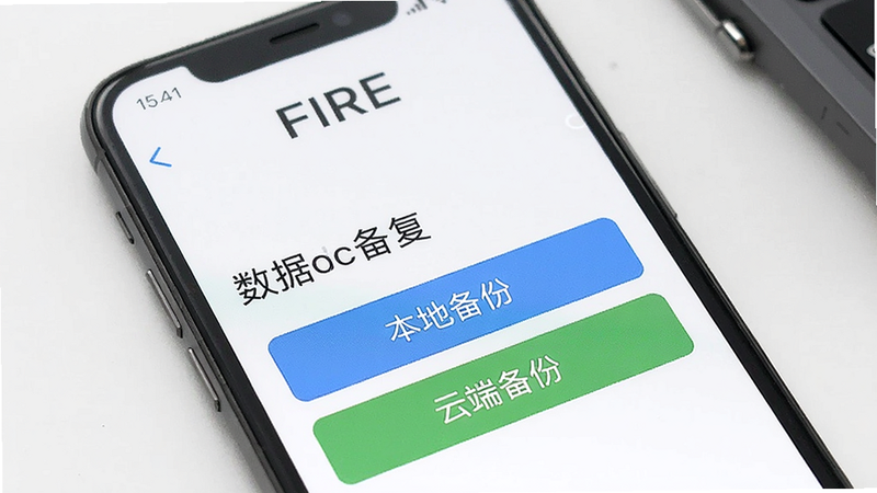 展示FIRE记账的备份与恢复界面,手机屏幕上显示“数据备份”选项,有本地备份和云端备份两个按钮,布局清晰,风格简约,细节干净