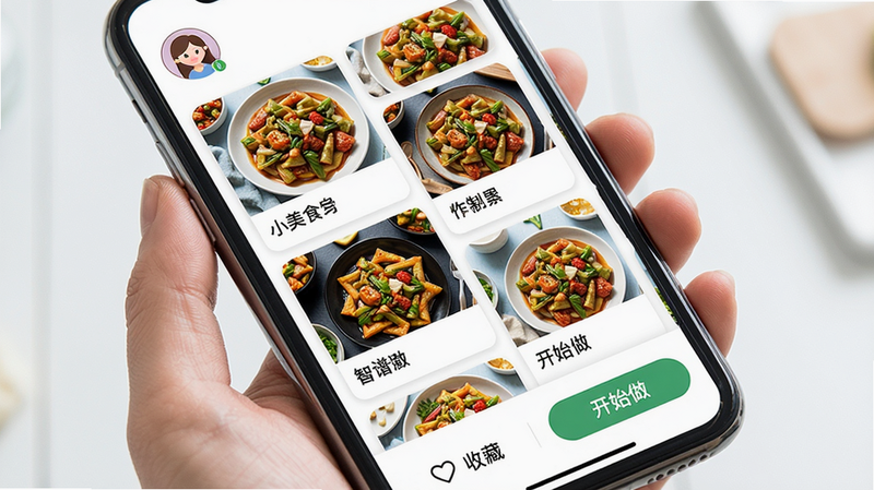 主体为手机屏幕展示小美智能食谱推荐页面,左上角显示用户头像,中间区域以瀑布流形式排列多个菜品卡片,每个卡片上有菜品图片和名称,底部有“收藏”和“开始做”按钮。布局为双列网格,风格清新明亮,细节上图片色彩鲜艳,文字清晰,画质细腻无噪点。