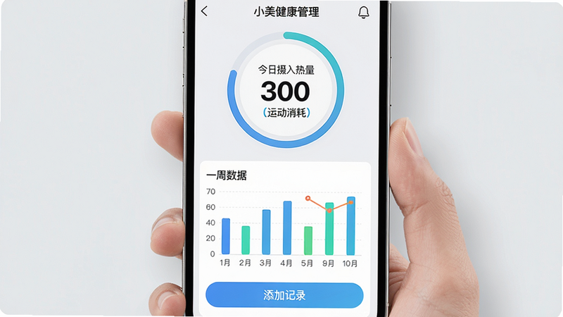 主体为手机屏幕展示小美健康管理界面,上半部分为圆形进度环显示今日摄入热量和运动消耗,下半部分以柱状图展示一周数据,底部有“添加记录”按钮。布局对称,风格简约科技,细节上数值字体加粗,图表线条清晰,背景为浅灰色,画质高清无模糊。