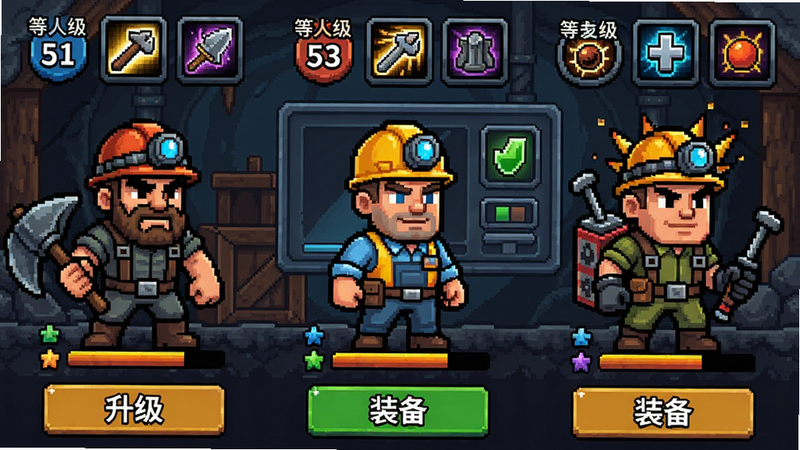 主体:三个不同职业的矿工角色(Miner Fighters)并排站立,背景是矿井和升级面板。布局:左侧为战士矿工,中间为工程师,右侧为爆破手,上方显示等级和技能图标。排版:角色下方有属性条,底部有“升级”“装备”按钮。风格:像素卡通,色彩鲜艳,细节丰富。画质:高清干净,无多余元素。