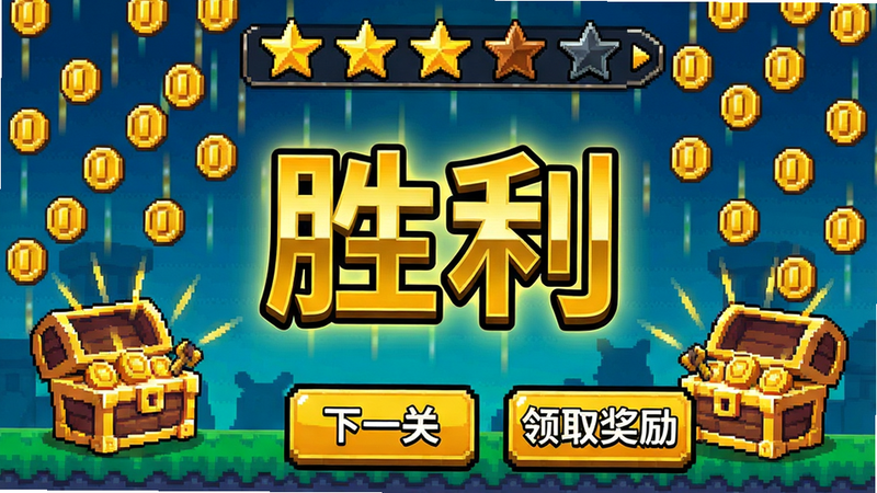 主体:Miner Fighters游戏内关卡通关后的胜利界面,画面中央显示“胜利”大字,背景有金币雨和宝箱。布局:上方显示关卡星级评价,下方有“下一关”和“领取奖励”按钮。排版:界面整洁,金色字体突出,宝箱动画效果。风格:像素卡通,喜庆氛围,色彩明亮。画质:高清,干净,无多余元素。