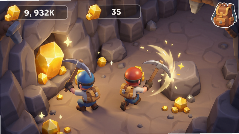 主体:Miner Fighters挖矿场景,矿工在矿洞中挖掘黄金;布局:矿工蹲下挥镐,黄金矿石从岩壁中露出;排版:俯视角,界面显示矿石数量与背包;风格:卡通清新,光线柔和;细节:黄金闪闪发光,镐头有挖掘特效;画质:高清,干净,无多余元素。