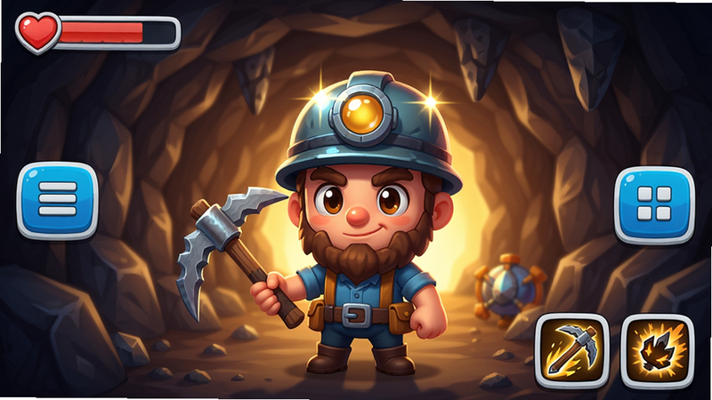 主体:Miner Fighters主界面,矿工手持镐头站在矿洞入口;布局:中央角色,两侧有菜单按钮;排版:UI简洁,左上角生命值,右下角技能图标;风格:卡通Q版,色彩明亮;细节:角色帽子上的头盔反光,矿洞深处有光芒;画质:高清,干净,无多余元素。
