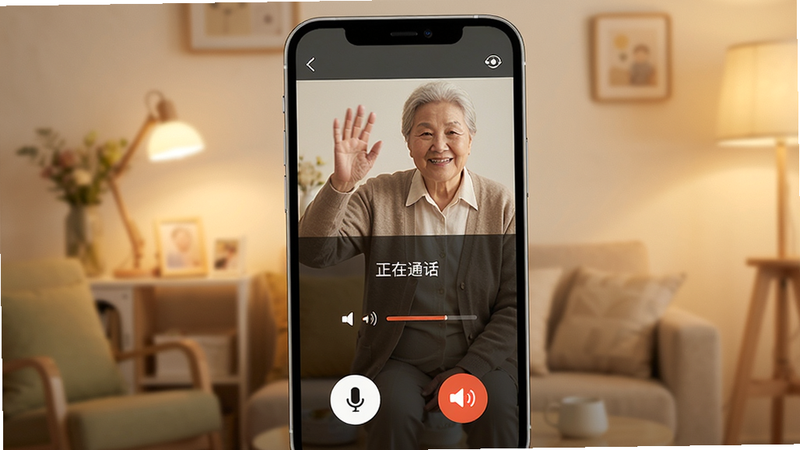 主体:小爱看家双向语音对讲界面,布局:手机屏幕显示通话界面,底部有麦克风和扬声器按钮,上方是摄像头实时画面,画面中一位老人正在挥手。排版:手机竖向,背景柔光。风格:写实渲染,温暖家庭氛围。细节:界面有