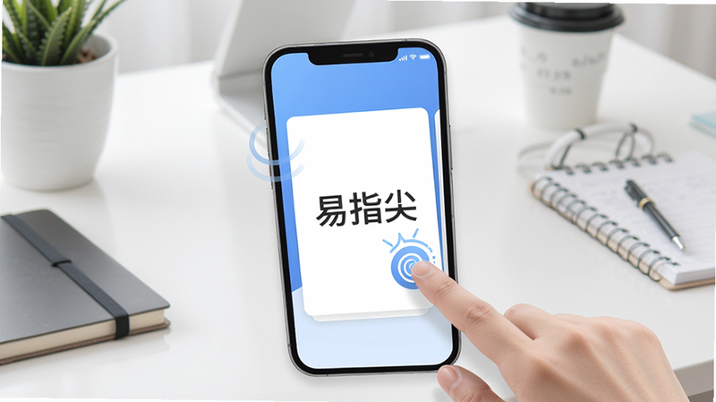 主体为一部手机屏幕显示“易指尖”主界面,背景为简约办公桌布局,整体采用卡片式UI排版,风格清爽偏扁平化,细节包含手指点击动画轨迹,画质高清、干净无多余元素,文字标注“易指尖”位于屏幕中央