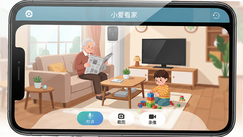 一张小爱看家手机APP的预览图,主体为智能手机屏幕,屏幕显示实时监控画面,画面中是一个温馨的客厅,有沙发、茶几和电视,一位老人正坐在沙发上看报纸,旁边有一个小孩在玩玩具。界面布局:顶部显示“小爱看家”标题,底部有控制栏,包含“对讲”“截图”“录像”按钮。排版简洁,图标清晰。风格为现代扁平化,色彩柔和。细节:监控画面清晰,没有噪点,屏幕反光自然。画质高清,干净无多余元素。图片中文字需显示“小爱看家”。
