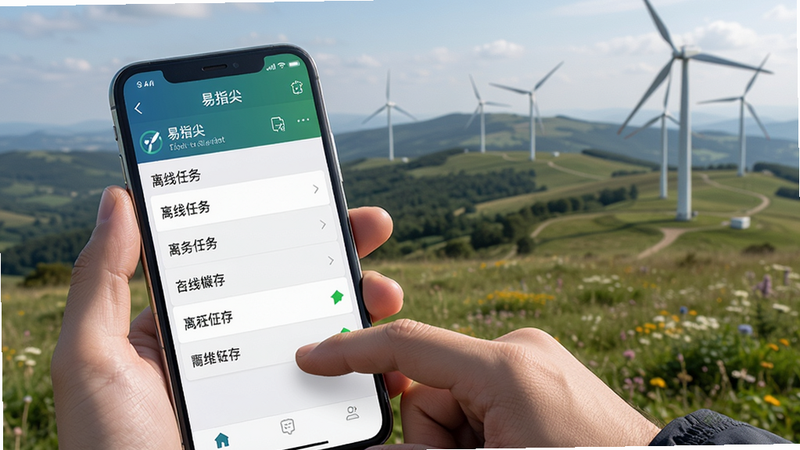 图片展示易指尖离线模式使用场景,主体是手持手机在野外环境操作,屏幕显示离线任务列表及缓存标识。布局为手机特写,背景为自然风光(山丘或风力发电机),风格写实,画质高清,手机屏幕清晰显示“易指尖”软件界面,无多余元素。