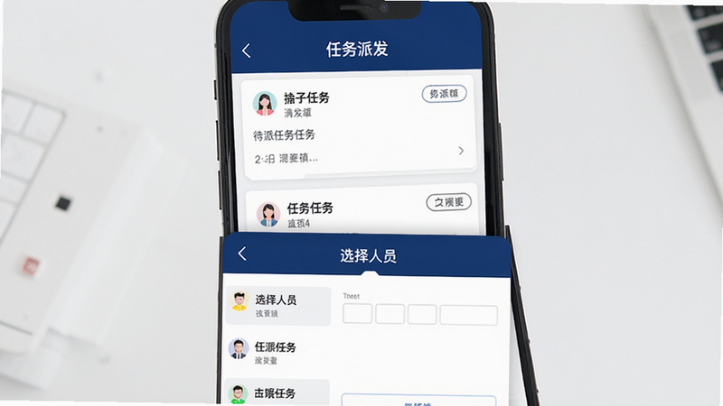 图片展示易指尖任务派发功能界面,主体是手机屏幕上的任务列表和派发表单,布局分为上下两部分,上部显示待派发任务卡片,下部为选择人员弹窗。风格为商务简洁,带有“任务派发”标题文字,颜色以深蓝和白色为主,细节清晰,画质干净。