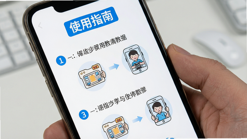 图片展示易指尖使用教程场景,主体为手机屏幕显示操作步骤指引页面,布局为图文混排,顶部有“使用指南”标题,下方为编号步骤配简单示意图。风格为教程风,白色背景,蓝色高亮文字,画质干净,无多余元素。
