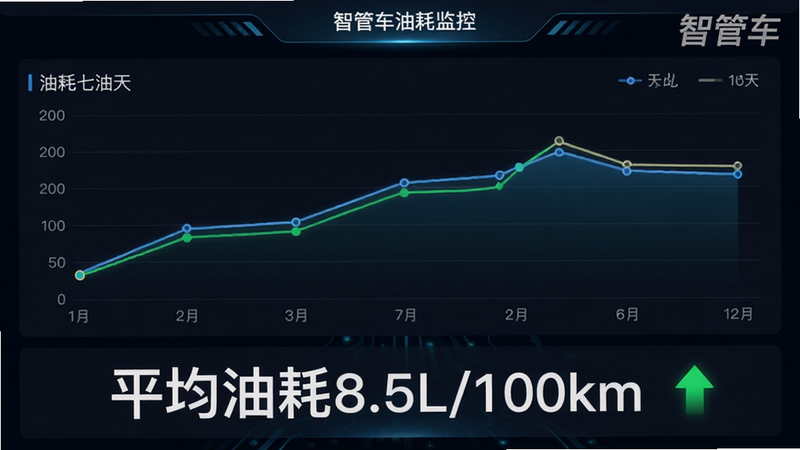 智管车油耗监控界面:折线图展示近七天的油耗变化,下方有“平均油耗8.5L/100km”大字,旁边有绿色箭头表示下降,背景为深色科技感,右上角“智管车”水印,画质干净,排版规整