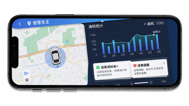 智管车主界面截图,手机屏幕显示车辆定位地图、油耗统计图表、违章提醒通知,界面简洁清晰,蓝色主色调,科技感,高清,干净无多余元素