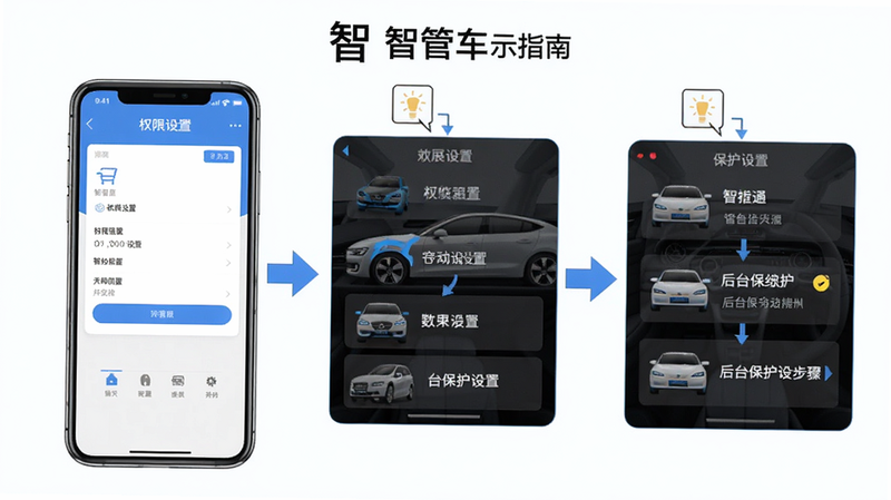 智管车使用指南示意图,手机屏幕展示权限设置界面、后台保护设置步骤,图文结合,箭头标注,干净简洁,高清