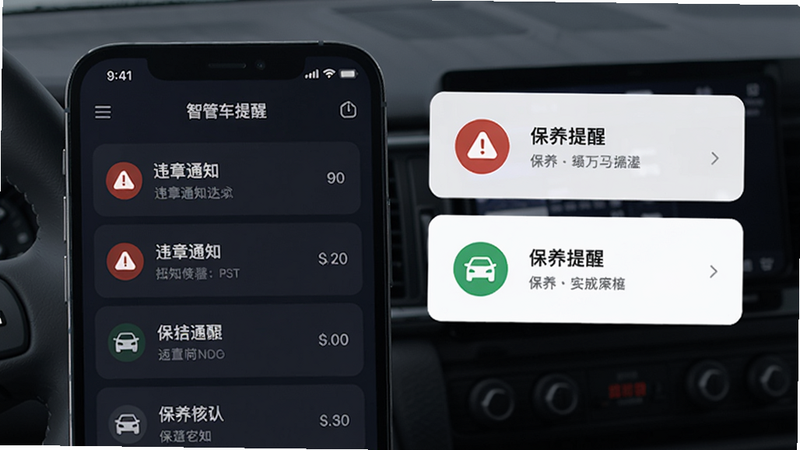 智管车提醒界面,显示违章通知列表和保养提醒卡片,红色警告图标,绿色保养图标,手机屏幕,UI设计现代,干净