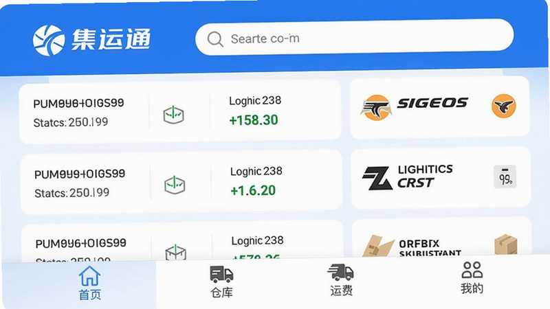 集运通双背应用主界面,顶部为品牌logo和搜索框,中间展示包裹列表,每个包裹有单号、状态、物流商图标,底部导航栏包含首页、仓库、运费、我的四个标签,整体采用蓝白配色,扁平化设计,高清画质,背景干净,无多余元素