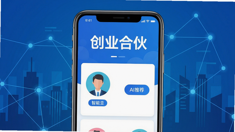画面中心为一部手机,屏幕显示酷瓜合伙APP主界面,顶部有“创业合伙”字样,下方是智能匹配卡片,左侧人物头像与标签,右侧AI推荐按钮;背景为城市剪影与网络节点相连;整体科技蓝风格,扁平化设计,细节清晰,画质高,干净无多余元素。