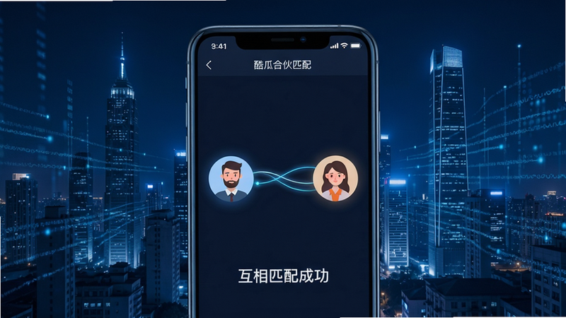 画面中央一台手机,屏幕上显示酷瓜合伙匹配界面,两个人物头像通过发光线条连接,下方有“互相匹配成功”文字;背景为城市夜景与数据流;现代简约科技风,蓝色调,高画质,干净。
