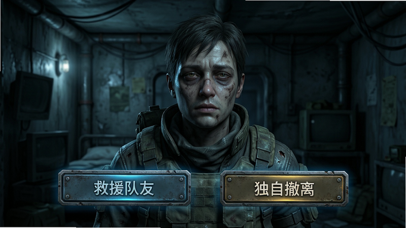主体:游戏内对话选择界面,两个选项分别指向“救援队友”和“独自撤离”。布局:画面中央是角色半身像,下方两个按钮高亮。排版:简洁UI,选项文字清晰。风格:末日写实,色调偏冷。细节:角色眼神疲惫,背景是昏暗的避难所墙壁,按钮边缘有金属质感。画质:高清晰度,无多余元素。