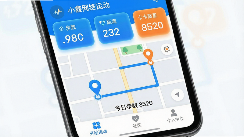 主体:小鑫网络运动手机界面全貌。布局:上方显示步数、距离、卡路里三大核心数据卡片,中间为动态运动路线地图,底部设有开始运动、社区、个人中心标签栏。风格:扁平化UI,主色调为活力蓝与橙色点缀,整体干净明亮。细节:数据卡片带有微光效和圆角,地图上标注起点终点标记。画质:高清,无多余元素,画面中显示文字“小鑫网络运动”和“今日步数 8520”。