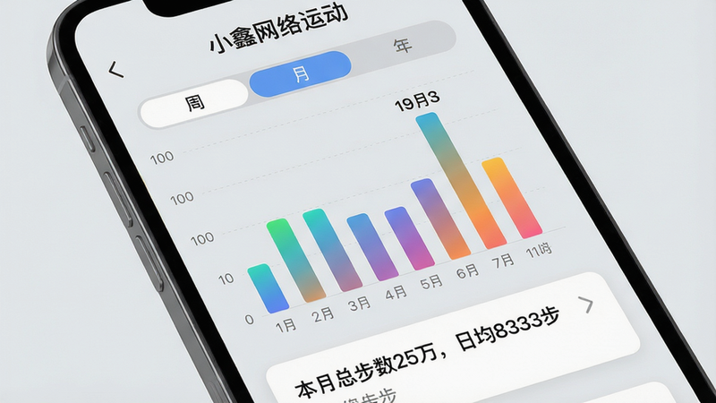主体:手机屏幕展示月度趋势统计页面。布局:顶部为标签切换周/月/年,中间为柱状图显示每日步数,底部为总结卡片“本月总步数25万,日均8333步”。风格:柱状图使用渐变色,背景为浅灰色,干净整洁。细节:图表上方有“小鑫网络运动”标题,柱状图上标注最高值。画质:高清,无多余元素。