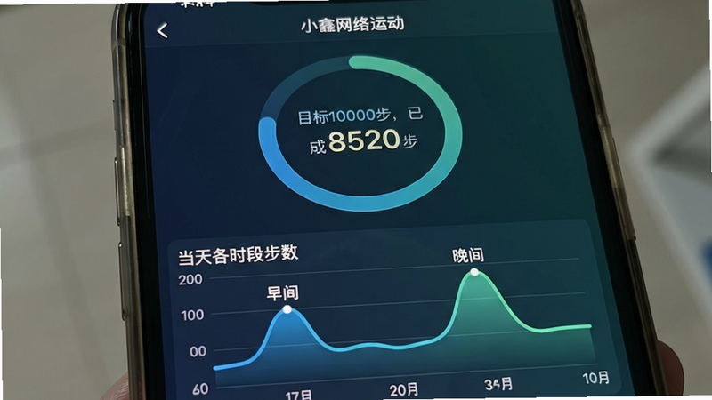 主体:手机屏幕展示步数统计界面。布局:上半部分为环形进度图显示步数完成率,下半部分为当天各时段步数折线图。风格:图表风格简约,使用渐变蓝绿色,数据清晰易读。细节:环形图中标有“目标10000步,已完成8520步”,折线图显示早间和晚间两个高峰。画质:干净,无多余元素,文字“小鑫网络运动”出现在顶部标题栏。